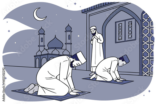 Men performing prayer during a night gathering near a mosque in a tranquil setting under the moonlight