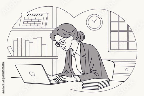 Professional woman working attentively on a laptop at a modern desk surrounded by shelves and a wall clock in a home office setting during the daytime