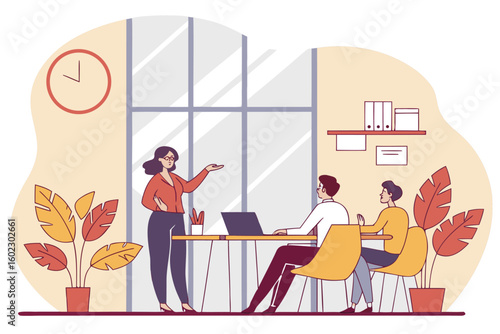 Business meeting in modern office setting with an engaging speaker and attentive audience discussing ideas during productive collaboration