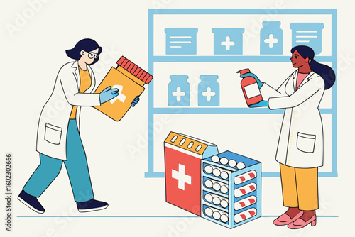 Healthcare professionals organizing medical supplies in a modern pharmacy setting during daytime