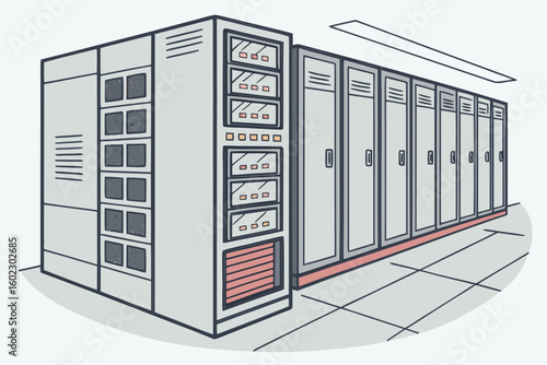 Storage units line a hallway with lockers and a large cabinet showcasing electronic devices in a modern facility setting during the day