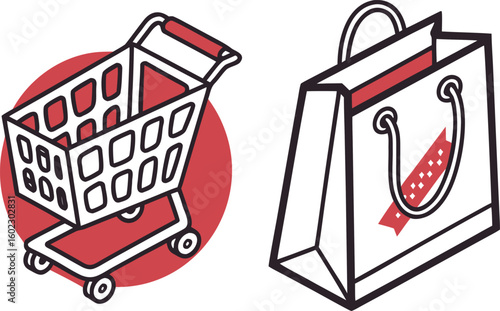 Stylized shopping cart and shopping bag icons in red and black outline on a white background representing commerce and retail