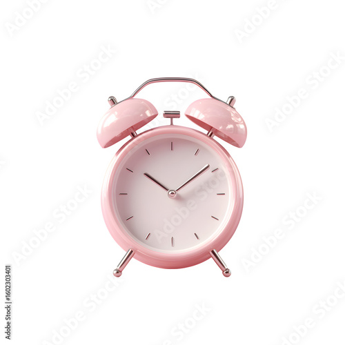 Stock image of minimalist 3d pink alarm clock centered on a soft pink surface symbolizing time management isolated white background batch  perfect for ads and prints photo photo photo photo photo     