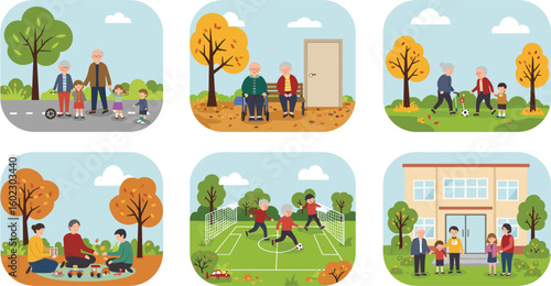 Grandparents spending time with grandchildren outdoors, playing, walking, relaxing on benches, and bonding in nature, family generation illustration