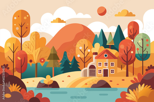 Scenic autumn landscape featuring colorful trees, a cozy cottage, and a tranquil river amidst rolling hills in a serene natural setting
