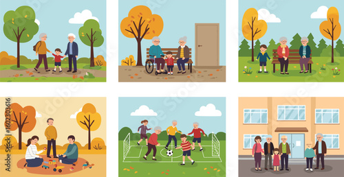 Grandparents spending time with grandchildren outdoors, playing, walking, relaxing on benches, and bonding in nature, family generation illustration