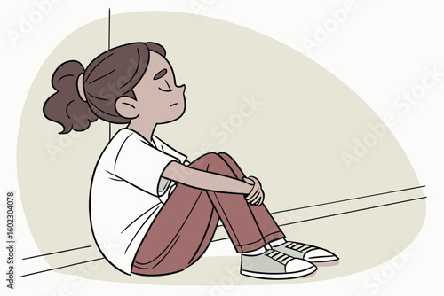 Young girl sitting alone against a wall in a simple indoor environment showing emotions of sadness or contemplation during a quiet moment