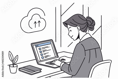 Woman working on laptop at home, engaged in remote collaboration and cloud storage activity, with indoor plant and notepad visible on desk during daytime