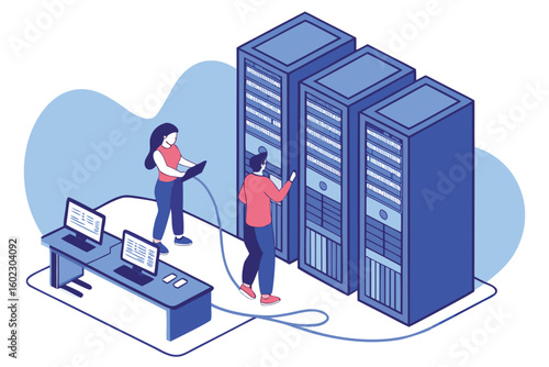 Technicians working on server maintenance in a data center during daytime with computers in the foreground