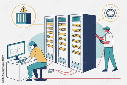 Technicians working on server maintenance in a data center during daylight hours to ensure optimal performance and address potential issues