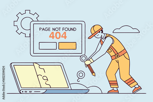 Construction worker fixing a digital error on a laptop with a 404 page not found message during a tech-related activity