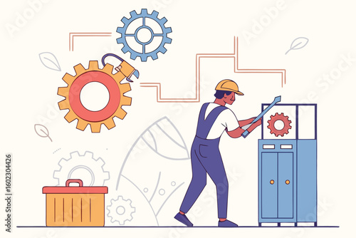 Worker repairs machinery in a workshop setting using tools and gears in a detailed and colorful illustration