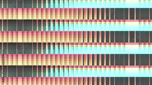 Animation consists of moving horizontal stripes. Each stripe is composed of multiple vertical tiles or segments. It is a bright VJ cycle in pink, yellow, and turquoise tones. 3d rendering 4K