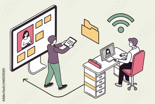 Collaborative remote work setup featuring digital communication and file management