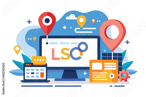 Digital workspace showcasing colorful graphics of a computer, calendar, and location pins for LSC project management tools and resources