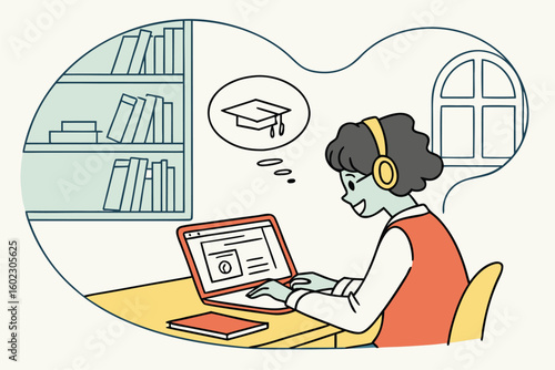 Student engaged in online learning in a cozy study space with shelves full of books and a window, reflecting on educational goals