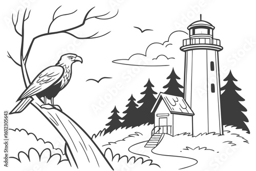 Eagle perched on a branch near a lighthouse with a cabin and surrounding trees under a cloudy sky