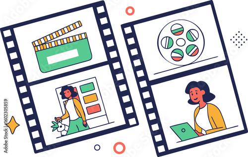 Creative storytelling and digital content creation illustrated through film strips featuring production tools and diverse individuals engaged in media projects