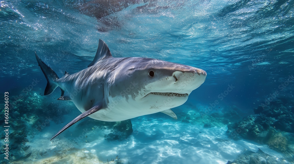 Fototapeta premium Shark Week. Majestic tiger shark swimming gracefully underwater, showcasing its powerful physique and sharp features amidst vibrant coral reef and clear blue ocean environment