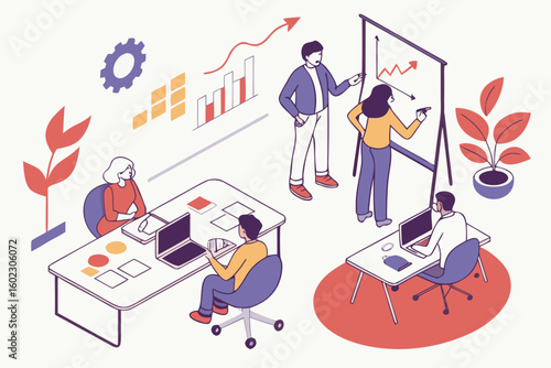 Business team engaged in a strategy meeting discussing performance metrics and growth projections with visual aids in a modern office space