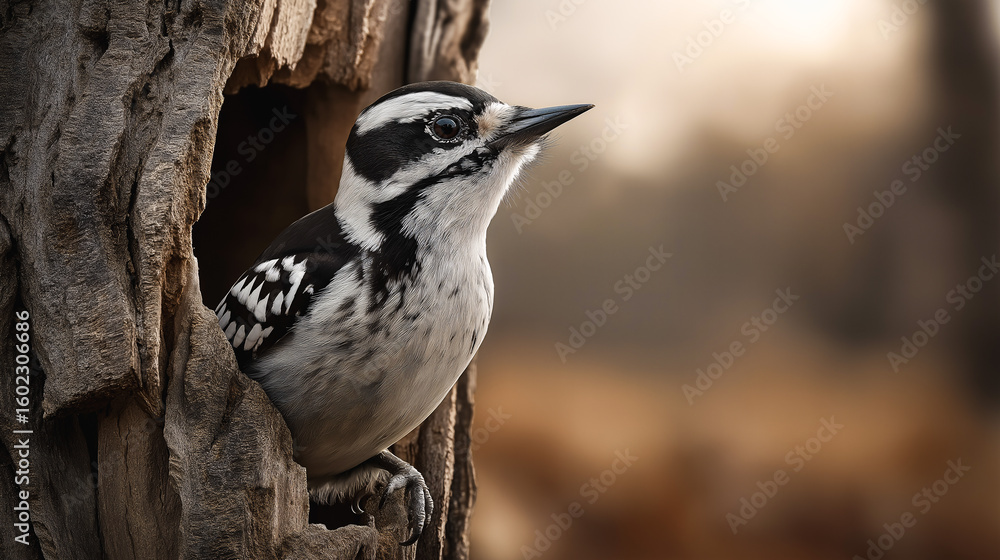 Fototapeta premium Downy Woodpecker in Hollow Tree: This Downy Woodpecker, perched regally inside its tree home, presents a captivating view. It is a stunning portrait, capturing the charm of the tiny bird.
