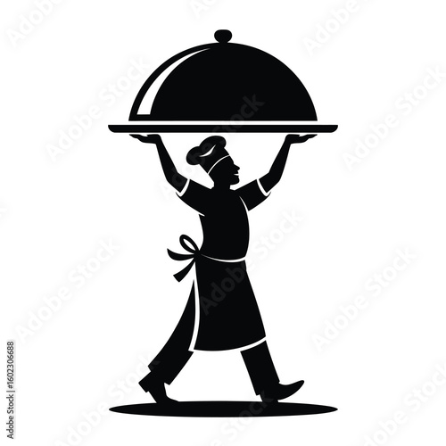Chef holding a covered dish silhouette isolated on white background