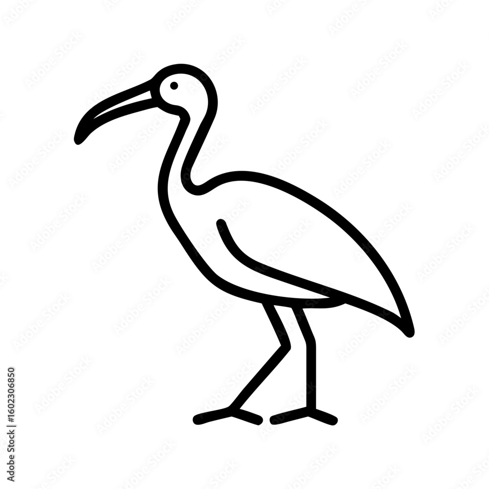 Obraz premium Buck bird Minimalist bird illustration, black outline, white background, long-necked wading bird, heron silhouette, simple curved lines, graphic design style, vector art, stylized wildlife icon, clean
