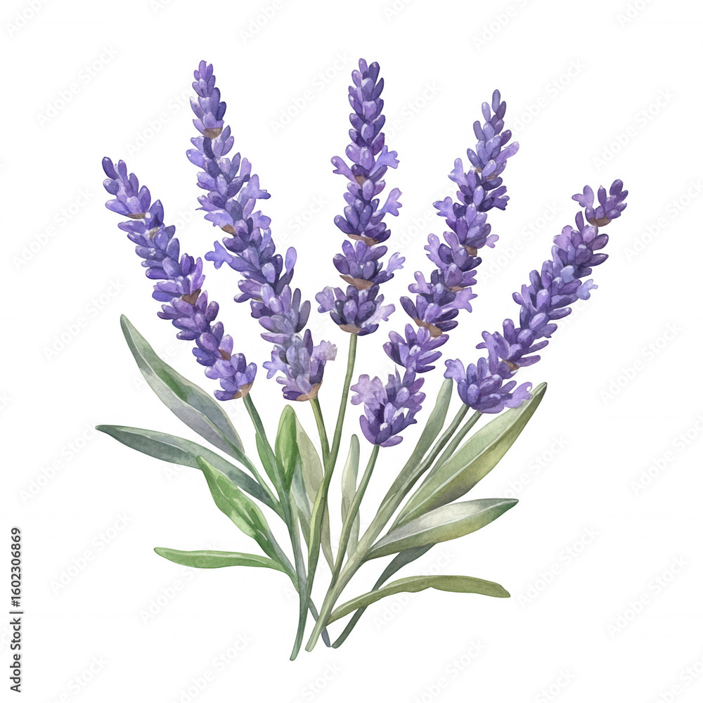 Fototapeta premium Watercolor bouquet lavender delicately bound, resting against translucent backdrop