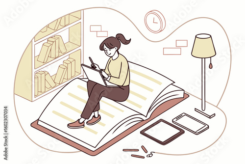 Person studying on a large open book surrounded by a cozy study environment with bookshelves, a lamp, and a clock indicating afternoon time