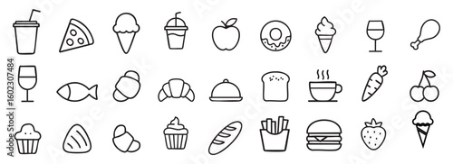 Outlined Food and Drink Icons Vector Illustration Set on a Clean White Background