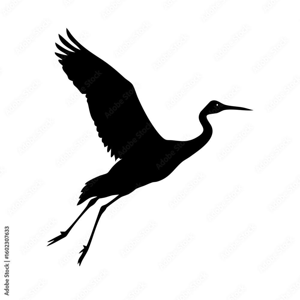 Fototapeta premium Buck bird Minimalist bird illustration, black outline, white background, long-necked wading bird, heron silhouette, simple curved lines, graphic design style, vector art, stylized wildlife icon, clean