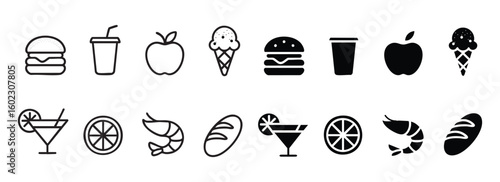 Assorted Food and Drink Icons Vector Illustration in Black on White Background