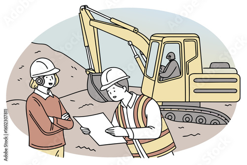 Construction team reviews plans on a construction site with heavy machinery operating in the background while discussing project details and safety measures