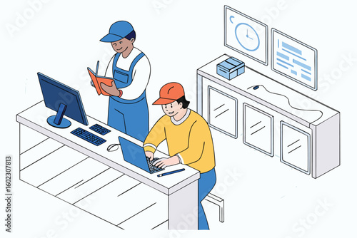 Workers engaging in tasks at a service counter in a modern retail environment during the daytime