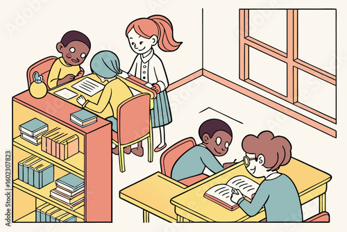 Students engaging in collaborative study in a bright classroom with colorful bookshelves during daytime