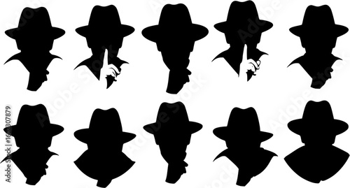 vector silhouette of a man in a hat shows a finger sign to be silent on a white background .Generative AI
