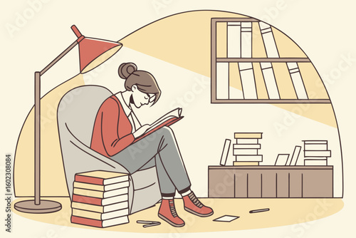 Cozy reading corner with a woman enjoying a book in a warm, softly lit room filled with bookshelves and a comfortable chair