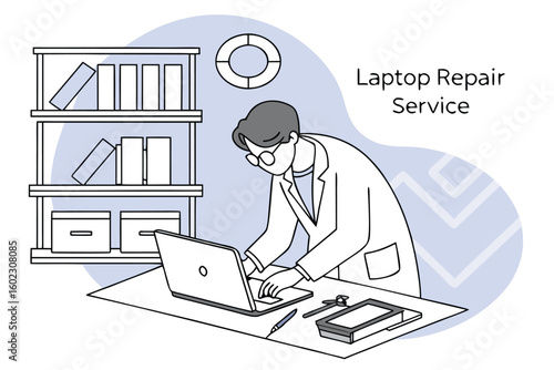 Laptop repair technician working at a desk in a modern workspace with organized shelves and tools during daytime hours