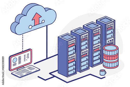 Illustration of cloud data storage system with servers, a computer, and a data barrel in a modern, digital workspace showing data upload