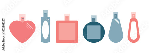 Set of perfume colorful icons. Bottle, flacon, spray illustration. Beauty care concept. Color vector illustration of perfume bottle.