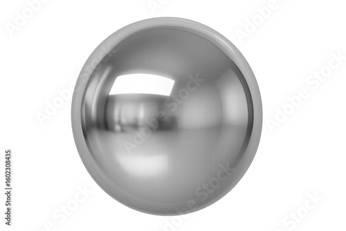 Silver metallic sphere gleaming, reflecting bright light across polished surface, suspended against transparent backdrop