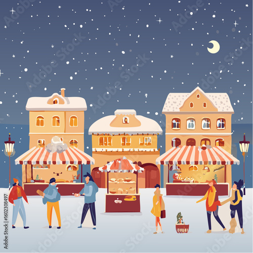 People enjoy a festive winter market scene with snow-covered buildings and stalls under a starry night sky.