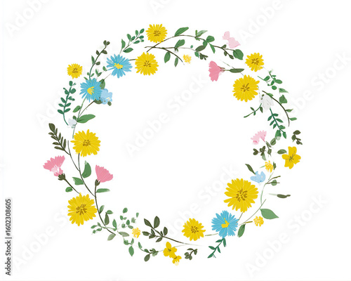 Simple spring flower wreath in flat vector style with yellow and blue colors on white background. Minimalist design with clean lines, hand-drawn details, no shadows or gradients. Clipart-style vector
