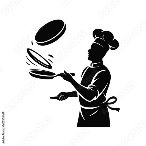 Chef silhouette flipping pancakes in a pan isolated on white background silhouette