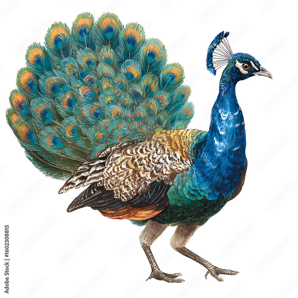 Obraz premium Peafowl flapping wings in defensive display and tail half-spread and feathers detailed and isolated white background Batch realistic clean bright simple modern stock image isolated on plain backgro