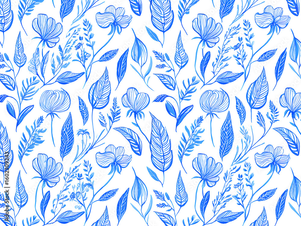 Fototapeta premium Serene Blue Floral Watercolor Seamless Pattern: Elegant Botanical Line Art Design for Textile, Wallpaper, and Packaging.