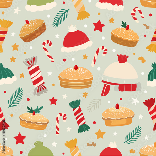 A festive seamless pattern featuring various winter hats, striped candy canes, wrapped sweets, and small baked pies with pine branches and stars on a light background.