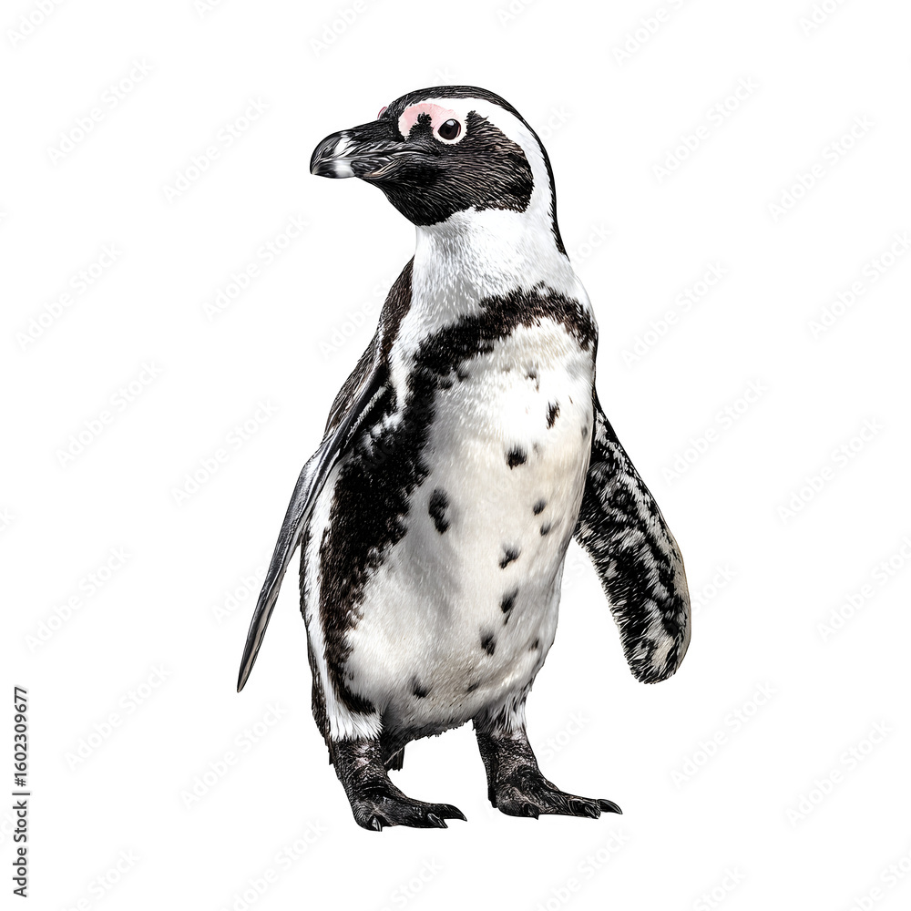 Obraz premium Penguin standing upright with wings slightly out and black and white glossy coat and isolated white background Batch realistic clean bright simple modern stock image isolated on plain background fo