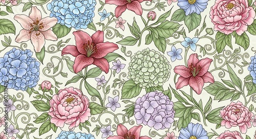 Elegant floral pattern with hydrangeas, lilies and peonies on a beige background creates a vintage