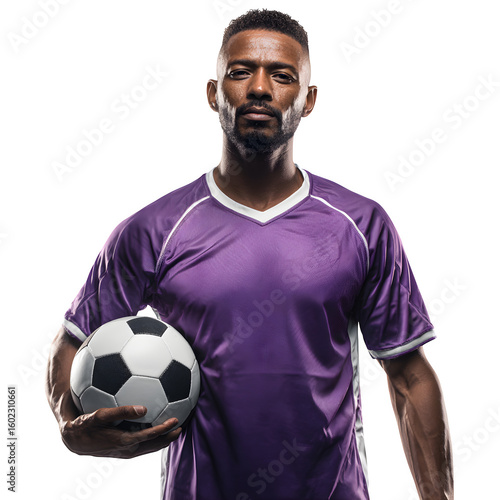 Portrait of a professional football player in purple jersey holding a ball and  set inside a stadium and  confident expression and  isolated white background Batch  realistic clean bright simple moder